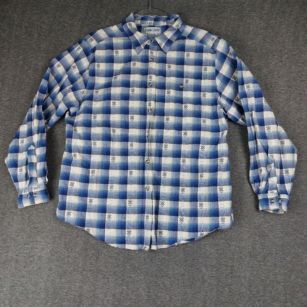 CABIN CREEK WOMENS VINTAGE BLUE WHITE PLAID BUTTON UP LONG SLEEVE SHIRT SIZE XL